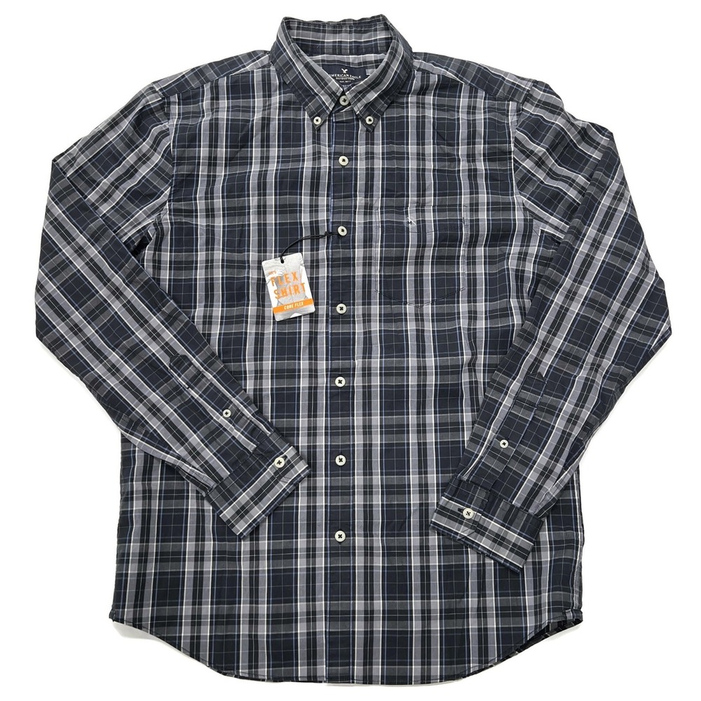 American Eagle Flex‎ Button Down Shirt Mens Medium Classic NWT Black Plaid L/S